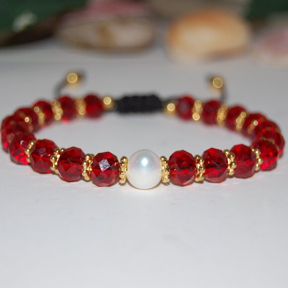 Pearl Bracelet,Fresh Water Pearl,Crystal Glass Beads,Drawstring,Red Bracelet - Picture 2 of 3